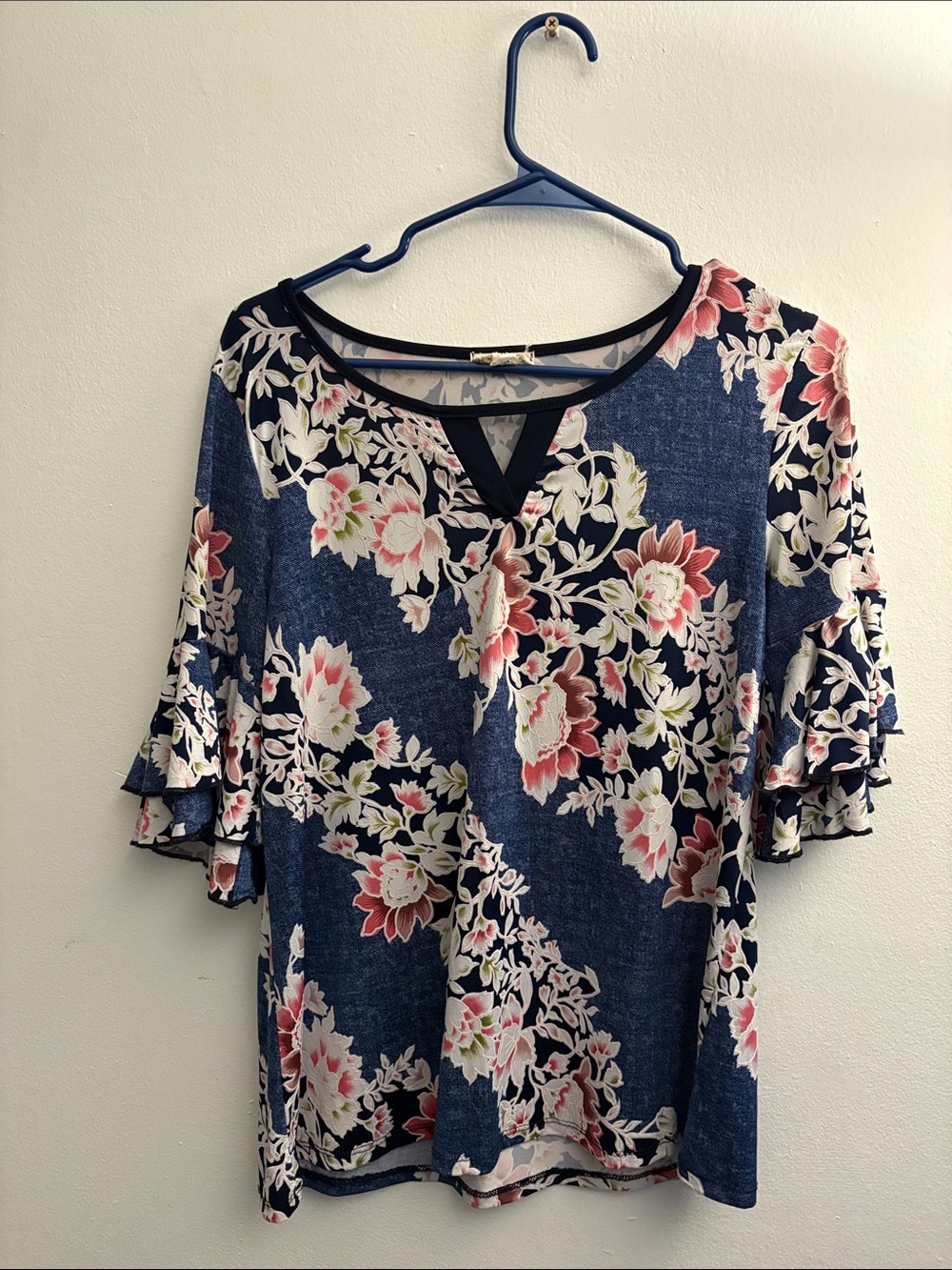 Navy Floral V-Neck Ruffle Sleeve Women's Blouse